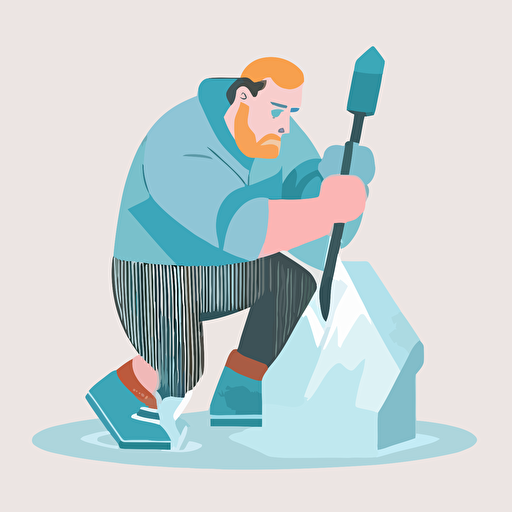 vector illustration of man on his kneeling and swinging an ice pick into the Ice