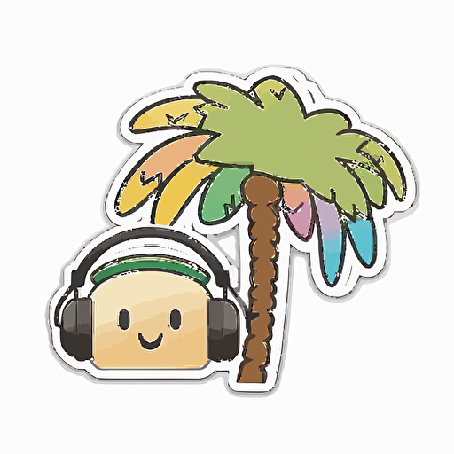 sticker, Happy Colorful palmetto tree wearing Headphnes, kawaii, contour, vector, white background