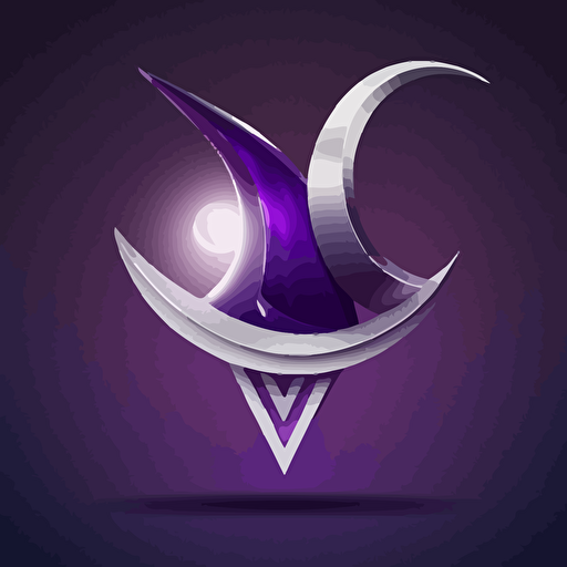 a minimalist vector logo with a moon and a wizard hat that resembles the letter W, silver and purple, HDR, 32k, large file