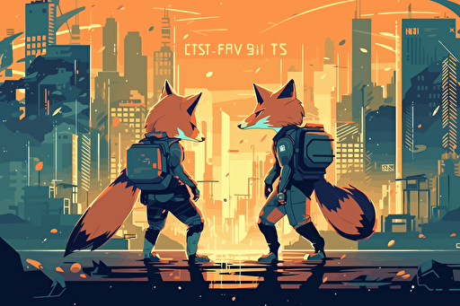 fight between shiba inu cyber punk and fox dark shiba inu outfit battle, city cyber punk, anime background, vector