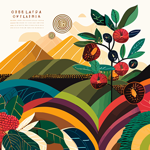 landscape coffee crops illustration, coffee bean, grower, 2d vectors, geometric, colors inspired by Colombia