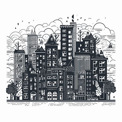 Real estate Illustration, buildings, appartments, money, adobe Illustrator, vector, flat design, black and white illustrations, pure color background, very simple,