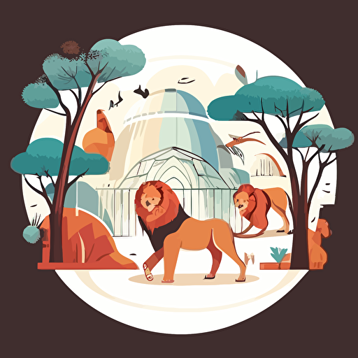 panoramic shot, lion in zoo, majestic, children's book disney style, flat colors, 2d, vector, white background