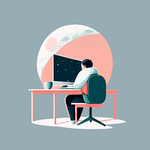 a person sitting at a desk typing on a computer on the moon in a minimalistic vector illustration with pastel colors