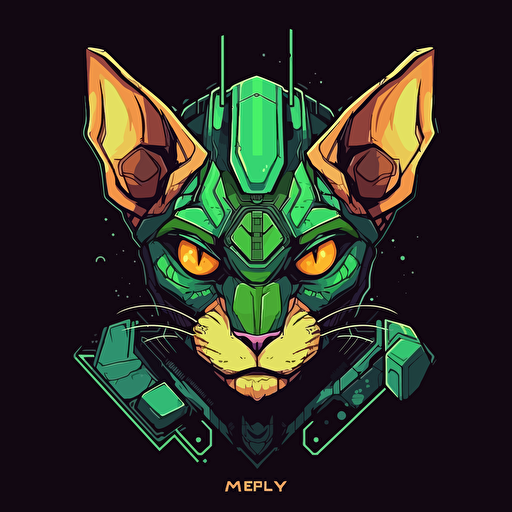 Logo, Menacing, Alien Mecha Cat, Sphynx, Cyberpunk, Green Eyes, Big Ears, Triangle Base, Vector Style,