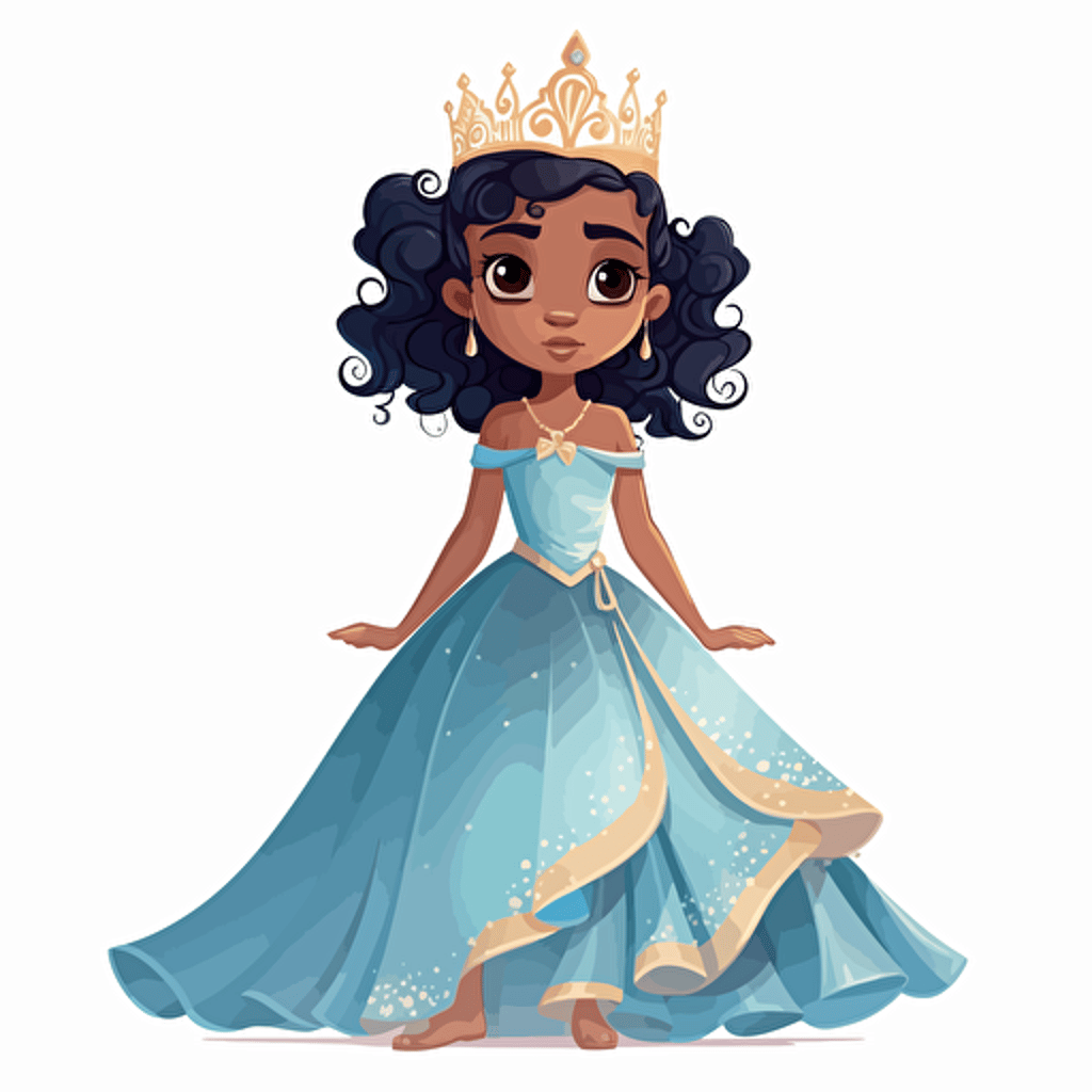 vector illustration full view image of a cute, adorable, beautiful little mix race girl princess standing, wearing a white and blue child gown and a beautiful golden crown.