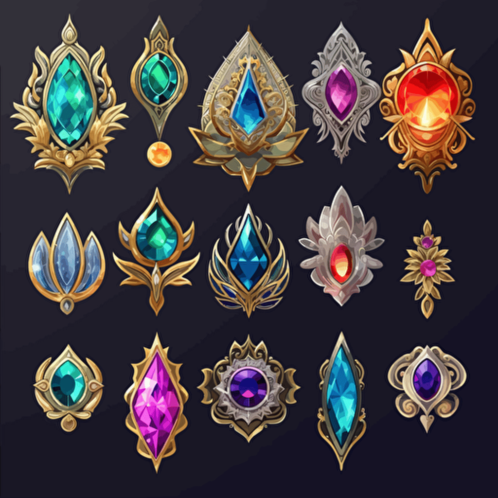 Collection of mythological cut jewels, hindu, translucent, shiny object, high detail, symmetrical, vector, cartoon