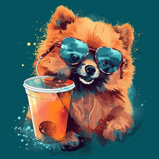 pomeranian with sunglasses drinking a boba, Vector Style, Acid Drip,