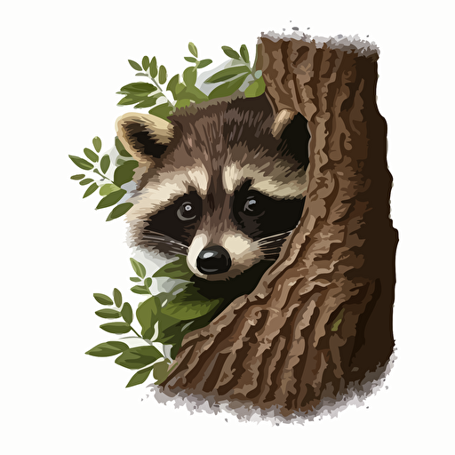 Curious raccoon vector peeking out of a tree on a white background