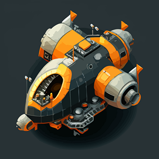 heavy duty space ship, round, vector, simple, top down, isometric, orange and grey, black background