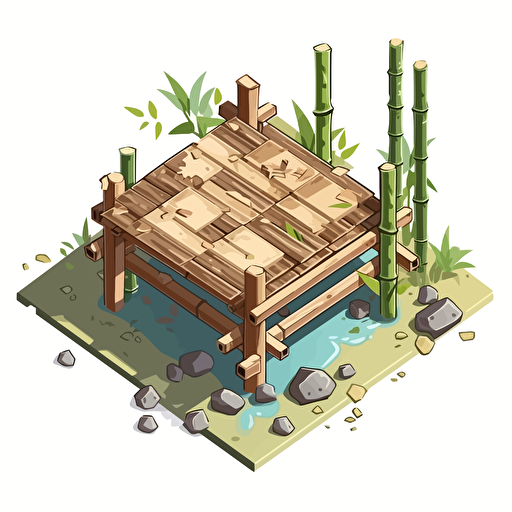 isometric cartoon vector style image of a broken small bamboo square platform