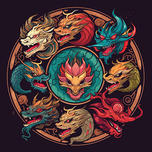 a boho logo of nine Chinese dragons, vector, 2d