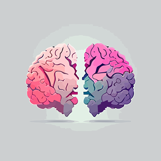 a brain in 2 halves, vector art, white background, pink grey, pastel colors, cartoon style, detailed,
