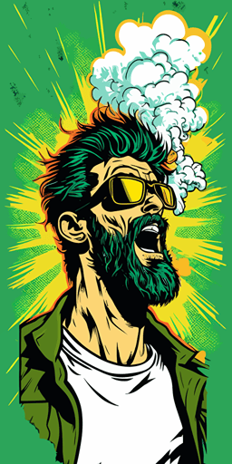 very happy man with sunglasses et a beard smoking sativa thc cloud vape, green background vibrant color vector style pop comics art style::