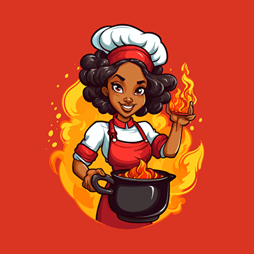 vector 2d sould food Black female chef mascot. wearing red and white clothing. holding a flaming pot of fried foods and vegetables