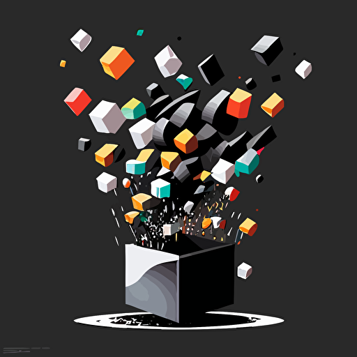 vector art minimal, cudes that makes up a funnel, gray and black colors on the exterior print layer , delicacy, with smaler cube being released from the bottom of the fullen, interlayer of 1/2 size small muilti-colored cubes inside falling out of the cube, with different shades, black background, only cudes