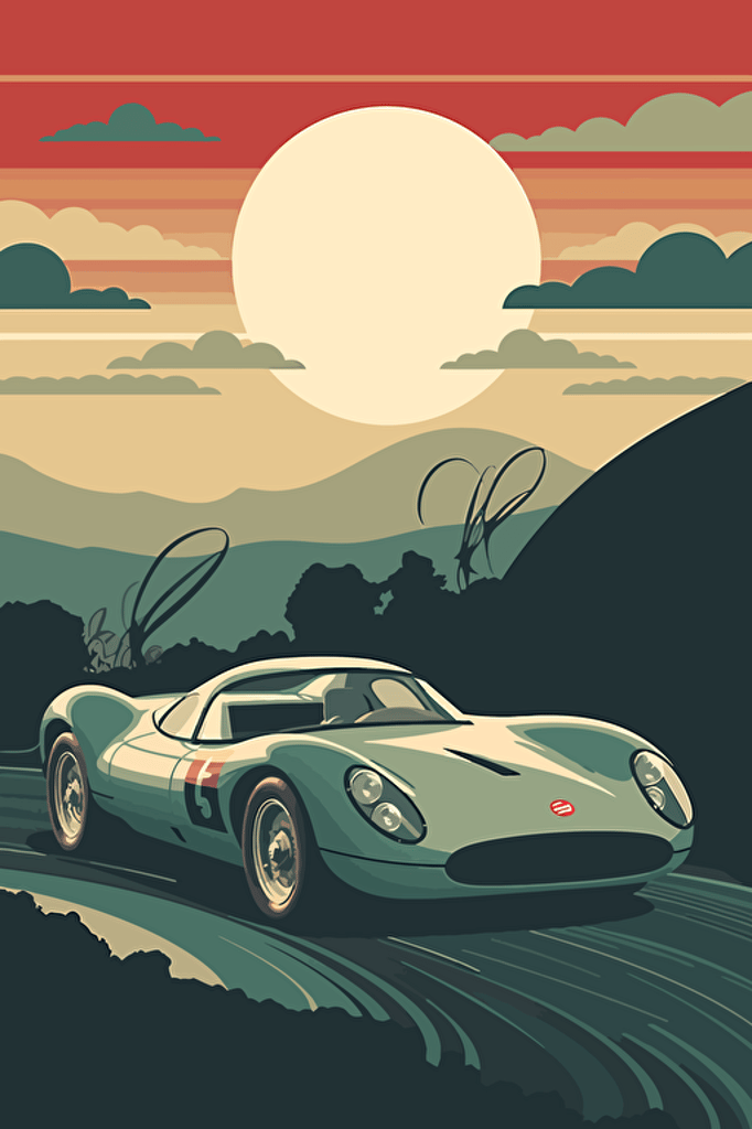 modern travel poster racing car, vector art, minimalistic, light muted colors,