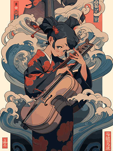 Ukiyo-e style, music culture, body design, folk music, musical theater, pencil case,vector ,2d illustrator,