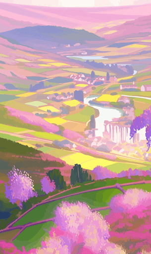 Vibrant vector of lilacs fields, in the style of Andrew Macara, klimt, paul keel, natural beauty