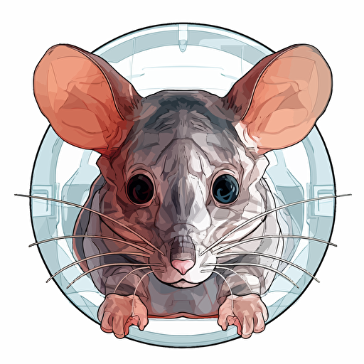 a laboratory mouse vector art, the top of the mouse head has an opening of the skin, the brain is exposed and visible from the top of the head. the brain is white and transparent and the brain looks like it is made from transparent gel