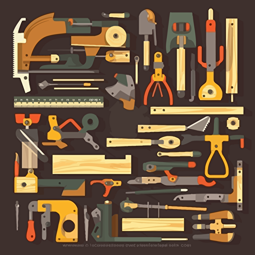 woodworking tools, wood logs cuts, Measuring and marking tools, tools , Clamps,Sanders,Drills,Hand saws,Power saws,Chisels, lumberjack sawmill, flat design, vector art