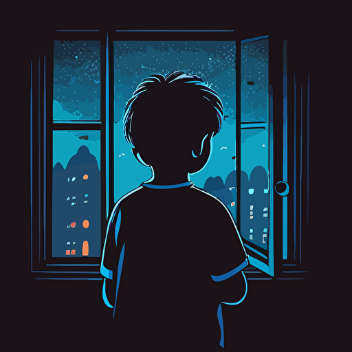 draw a 2D vector scene, cartoon about a boy on his back looking out the window at night, a simple drawing, in color but bordered with a black line, flat drawing and without details.