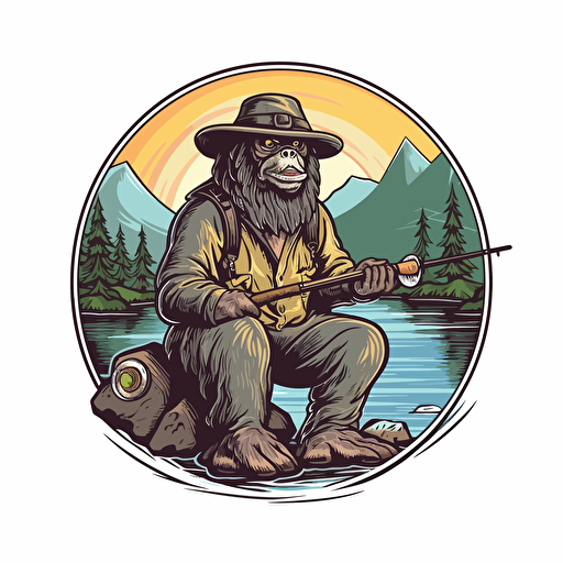 smiling bigfoot with trucker hat posing on one knee holding a rainbow trout with fly rod and net, in style of outdoor logo, isolated on white, no background, vector art
