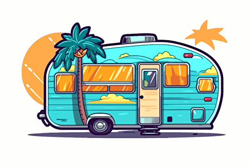 2d illustration, sealife 1970's trailer simple vector colorful sticker