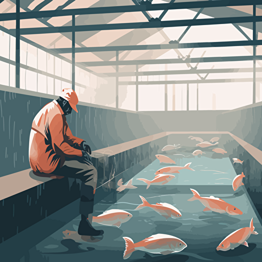 vector ilustration of a staffer feeding fish in a fish farm,