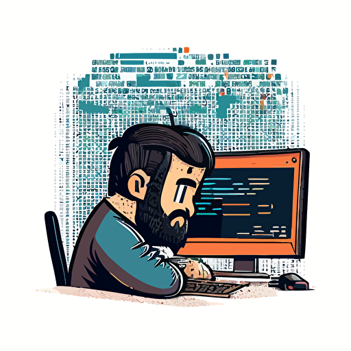 A middleeastern guy sitting infront of pc coding, behind perspective, cartoon, vector, 2d