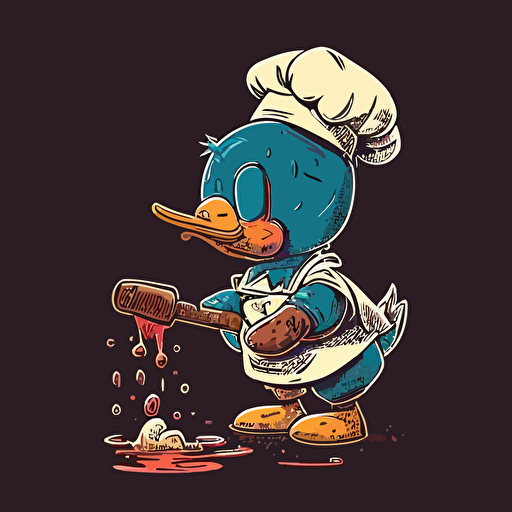 patito de goma cocinando, con un estilo delineado comic de los 80 en vectores lineal