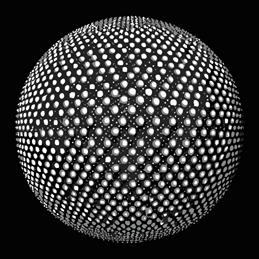 a dot matrix sphere with dozens of different sized dots, not symetrical, white, no shading, vector art, black background