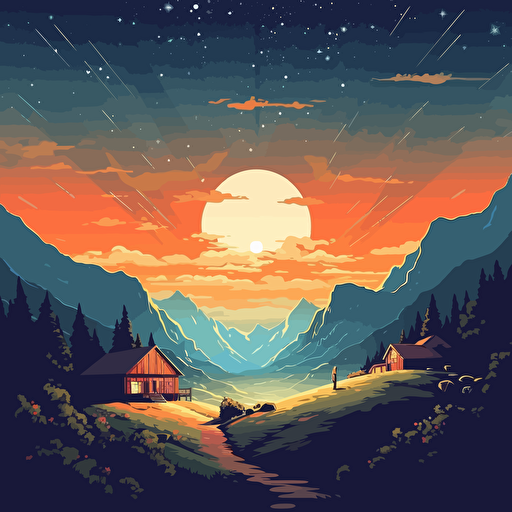 A stary night, light lofi music, and bornfire, vector based style, swiss poster style