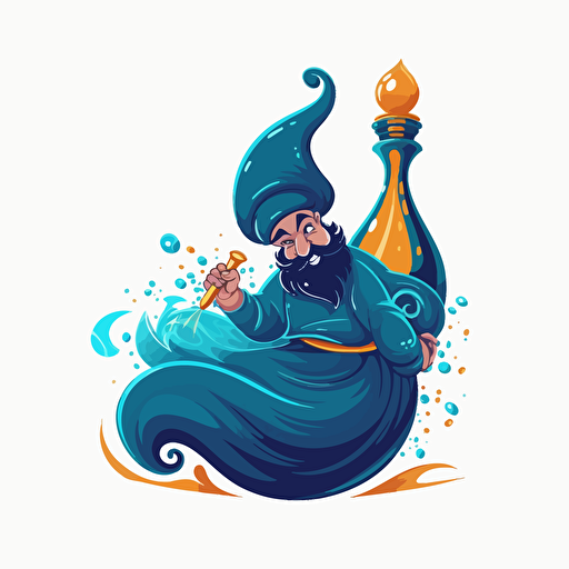 vector logo of a genie coming out of a genie bottle, with a broom in its hands
