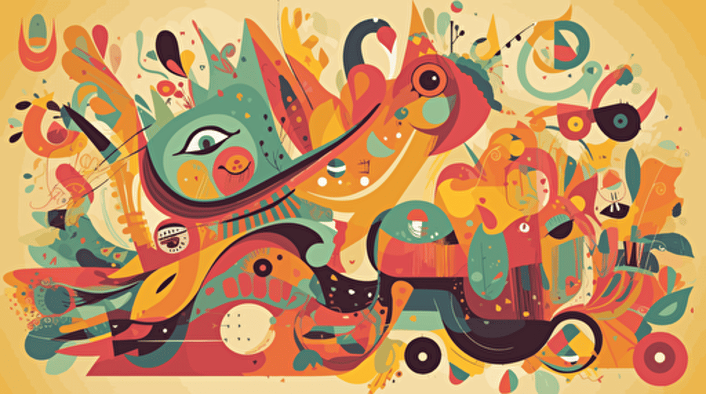 Funny abstract vector design, quirky shapes and patterns forming a whimsical creature, vibrant, cheerful color palette, lighthearted, amusing atmosphere, Vector illustration, Adobe Illustrator,