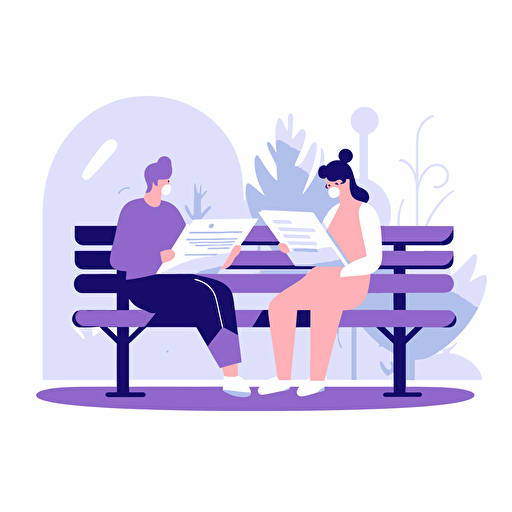 two people sitting on a bench each reading a book. Artsy flat vector illustration, light purples, white background