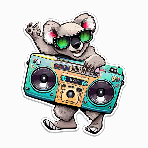 A koala holding a boombox and dancing to music, Sticker, Vector, White Background