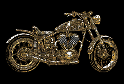 simple vector art of a motorcycle with a long stroke engine is on display, in the style of gold leaf accents, award winning, zuckerpunk, dark brown and silver, unpolished, midwest gothic, rollei prego 90
