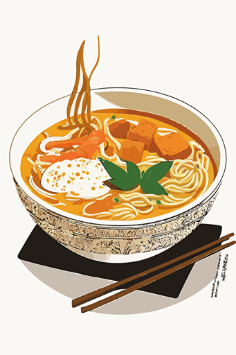 flat vector art illustration, poster featuring a bowl of Laksa, white background,