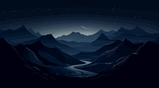 minimalist, simplistic, vector illustration of starry night sky, dark blue tones, mountains
