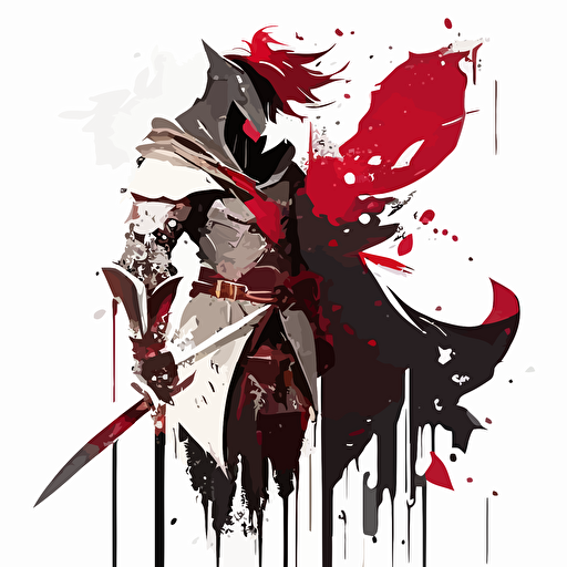 flat vector design, in dustin nguyen style, knight in dark armor, with red and white accents, shadowy face, pure white sword, billowing cape, looking forward, magnificent