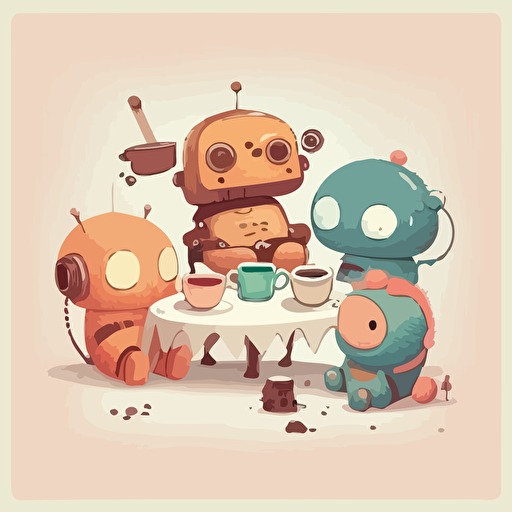 fun tea time in the mid-morning, little friends and robots sittiing together, vector illustration