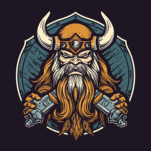vector logo muscular viking holding battle axe in one hand and viking helmet in other hand