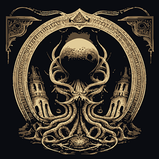 Illustrated, vector, sticker, hyperdetailed, octopus like and black hole in space, with a mitre in the shape of a mushroom, in a silk jet soutane, holy portal, standing on a pedestal on a small island by H. R. Giger