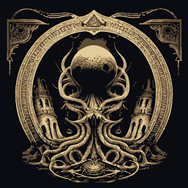 Illustrated, vector, sticker, hyperdetailed, octopus like and black hole in space, with a mitre in the shape of a mushroom, in a silk jet soutane, holy portal, standing on a pedestal on a small island by H. R. Giger