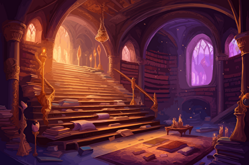 Large underground fantasy library by Paul Gustaf Dore. Bookshelves, piles of books, scrolls, golden & white decor, marble floor, purple and gold carpets, purple glowing braziers, mystical, biblical copperplate art, retro 90s box art, vector style, inking, 1700th century copperplate art, pixel art, high detail, less warm colors