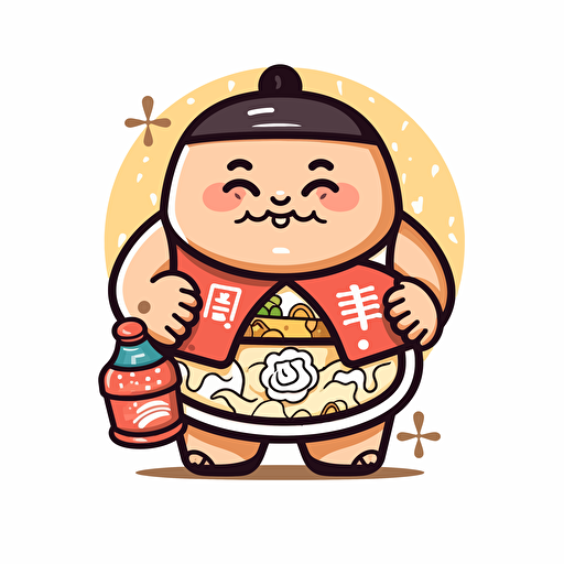 Tokyo, A kawaii-style cartoon sumo wrestler holding a bowl of ramen and a sake bottle, sticker art, vector art