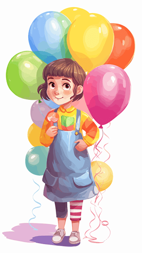an adorable cute little girl in labor's working suit, her hand holding a banquet of rainbow color balloons, art flat vector illustration,