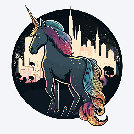 colrful unicorn walikg throug the bad part of a dark city, vector logo, vector art, emblem, simple cartoon, 2d, no text, white background