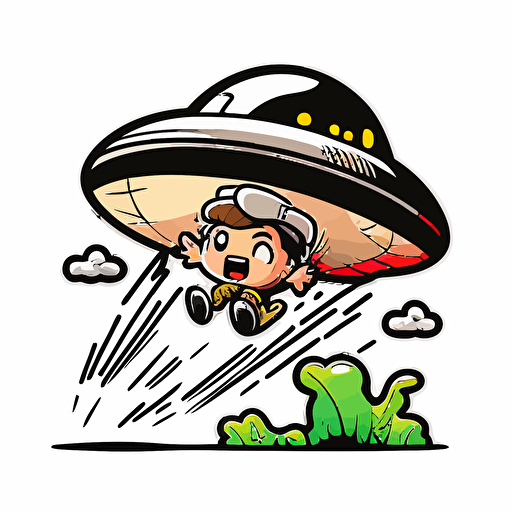 Ufo abducting a happy black stoner, white background, vector, cartoon sticker